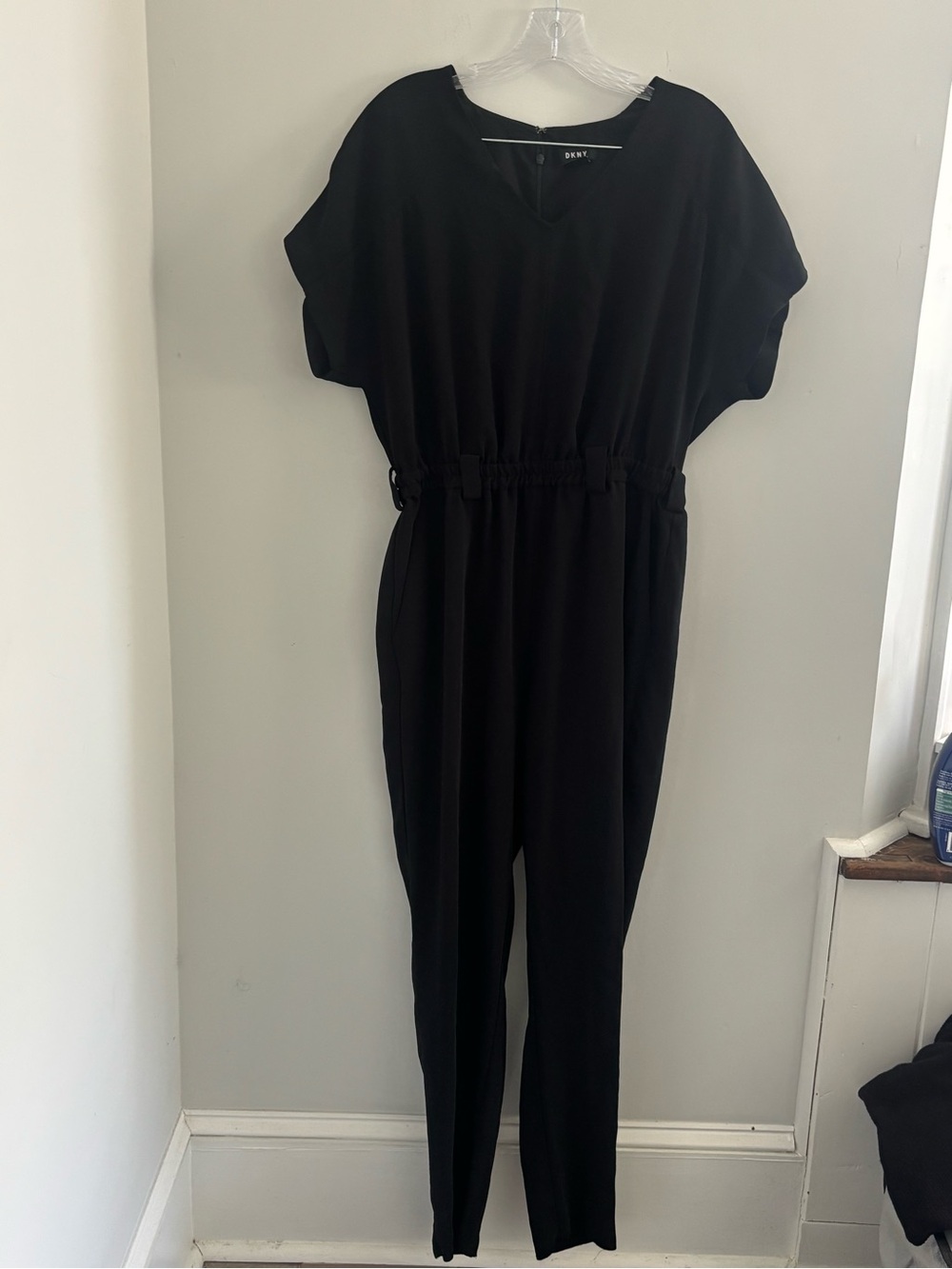 DKNY Black Short-Sleeve V-Neck Elastic-Waist Jumpsuit - Picture 2 of 13